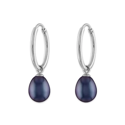 Round Pearl Hoop Drop & Dangle 6-7.5MM Black Earrings in Rhodium Plated Sterling Silver