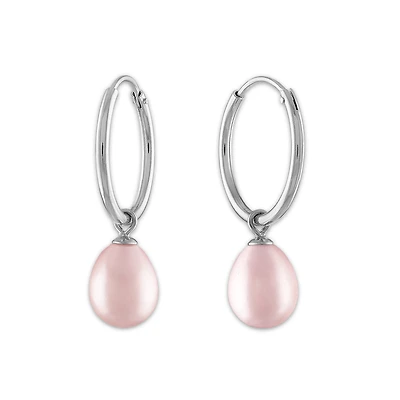 Round Pearl Hoop Drop & Dangle 6-7.5MM Pink Earrings in Rhodium Plated Sterling Silver