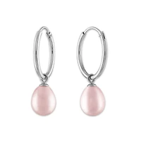 Round Pearl Hoop Drop & Dangle 6-7.5MM Pink Earrings in Rhodium Plated Sterling Silver