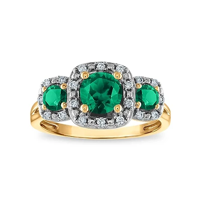 LoveSong EcoLove Round Emerald and Emerald Three Stone Halo Ring in 10KT Yellow Gold