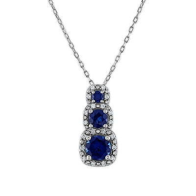 LoveSong EcoLove Round Blue Sapphire and Diamond Three Stone Halo 18-inch Pendant in 10KT White Gold