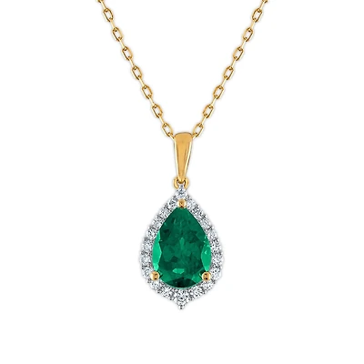 LoveSong EcoLove 10X7MM Pear Emerald and Diamond Halo 18-inch Pendant in 10KT Yellow Gold
