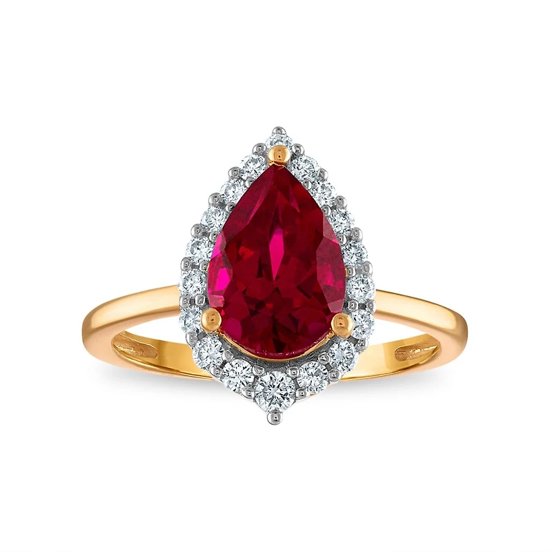 LoveSong EcoLove 10X7MM Pear Ruby and Diamond Halo Ring in 10KT Yellow Gold