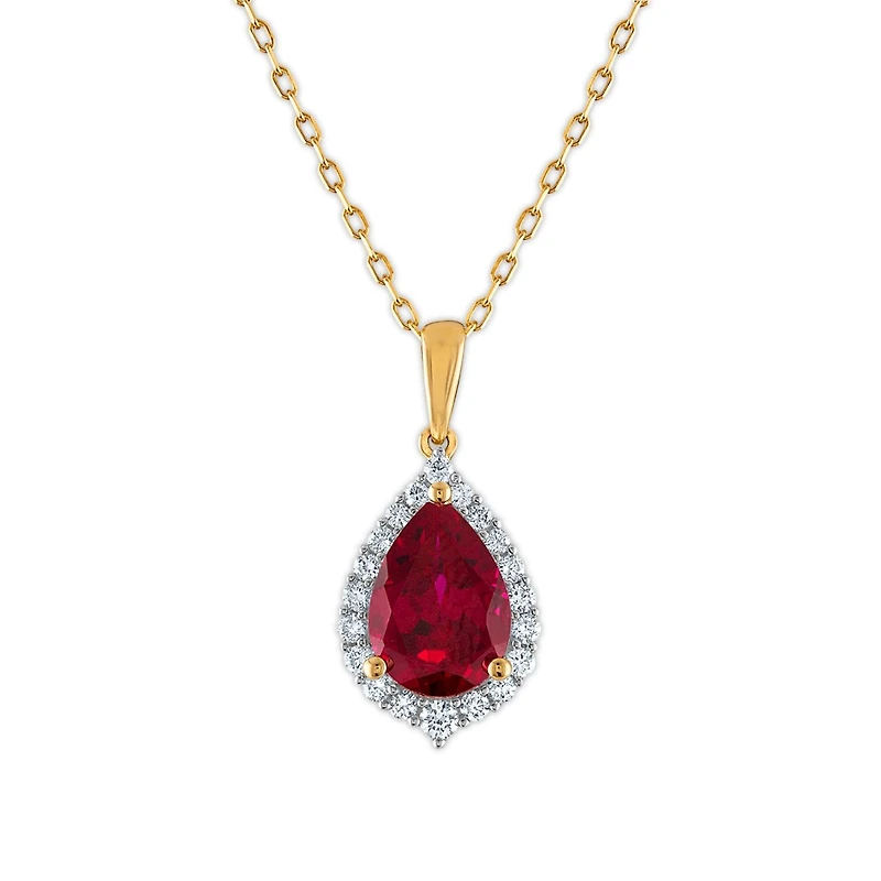 LoveSong EcoLove 10X7MM Pear Ruby and Diamond Halo 18-inch Pendant in 10KT Yellow Gold