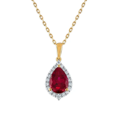 LoveSong EcoLove 10X7MM Pear Ruby and Diamond Halo 18-inch Pendant in 10KT Yellow Gold