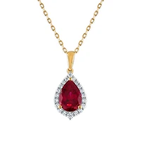 LoveSong EcoLove 10X7MM Pear Ruby and Diamond Halo 18-inch Pendant in 10KT Yellow Gold