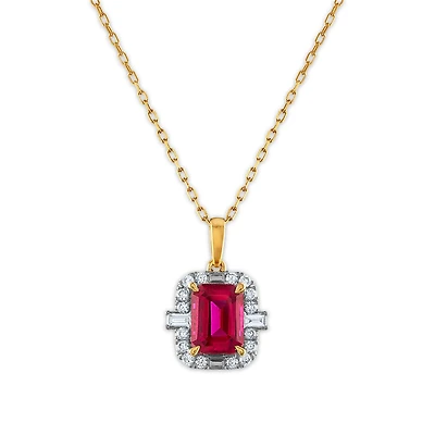 LoveSong EcoLove 8X6MM Emerald Shape Ruby and Diamond Halo 18-inch Pendant in 10KT Yellow Gold