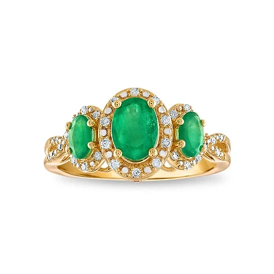 LoveSong Oval Emerald and Diamond Three Stone Halo Ring in 10KT Yellow Gold