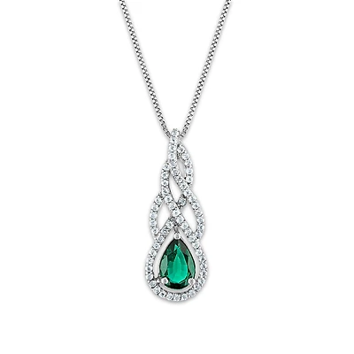 Created Emerald and White Sapphire 18-inch Pendant in Sterling Silver