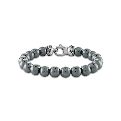 10MM Round Hematite Beaded Bracelet in Stainless Steel