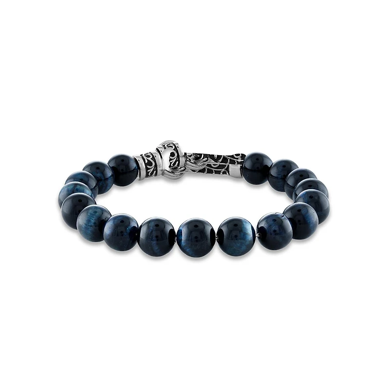 10MM Round Tiger Eye Beaded Bracelet in Stainless Steel