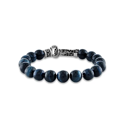 10MM Round Tiger Eye Beaded Bracelet in Stainless Steel