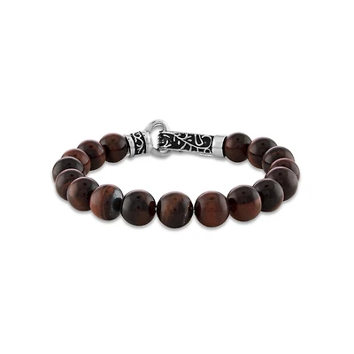 10MM Round Tiger Eye Beaded Bracelet in Stainless Steel