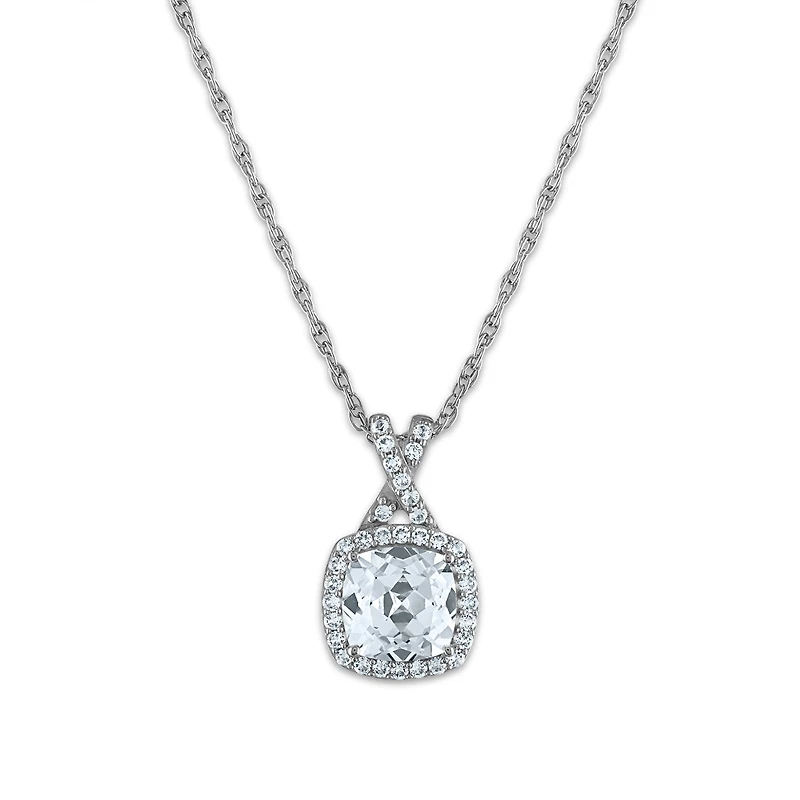 7MM Cushion Sapphire and White Sapphire Halo Fashion 18-inch Pendant in Rhodium Plated Sterling Silver