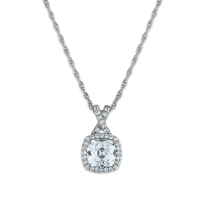 7MM Cushion Sapphire and White Sapphire Halo Fashion 18-inch Pendant in Rhodium Plated Sterling Silver
