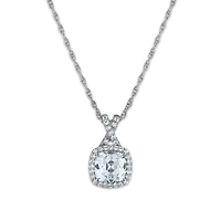 7MM Cushion Sapphire and White Sapphire Halo Fashion 18-inch Pendant in Rhodium Plated Sterling Silver