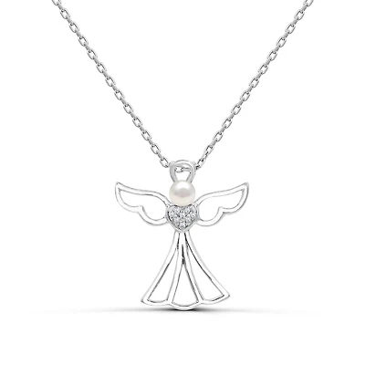 3.5MM Round Pearl and White Sapphire Angel 18-inch Pendant in Sterling Silver