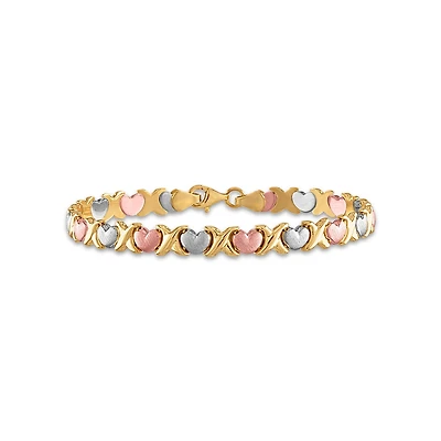 14KT Gold Tri-Color 7-inch Heart Bracelet