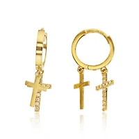 14KT Yellow Gold Cubic Zirconia Drop & Dangle Cross Huggie Earrings