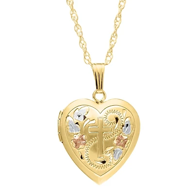 14KT Yellow Gold Filled 19MM 18-inch Locket Heart Cross Flower Pendant