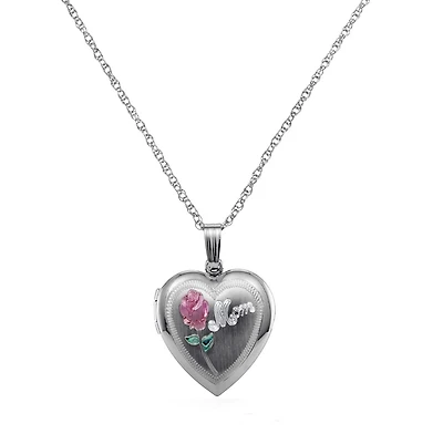 Sterling Silver 19MM 18-inch Locket Heart Mom Flower Pendant