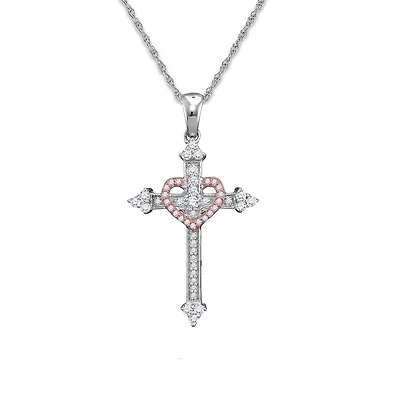 10KT White and Rose Gold 1/2 CTW 18-inch Cross Heart Pendant