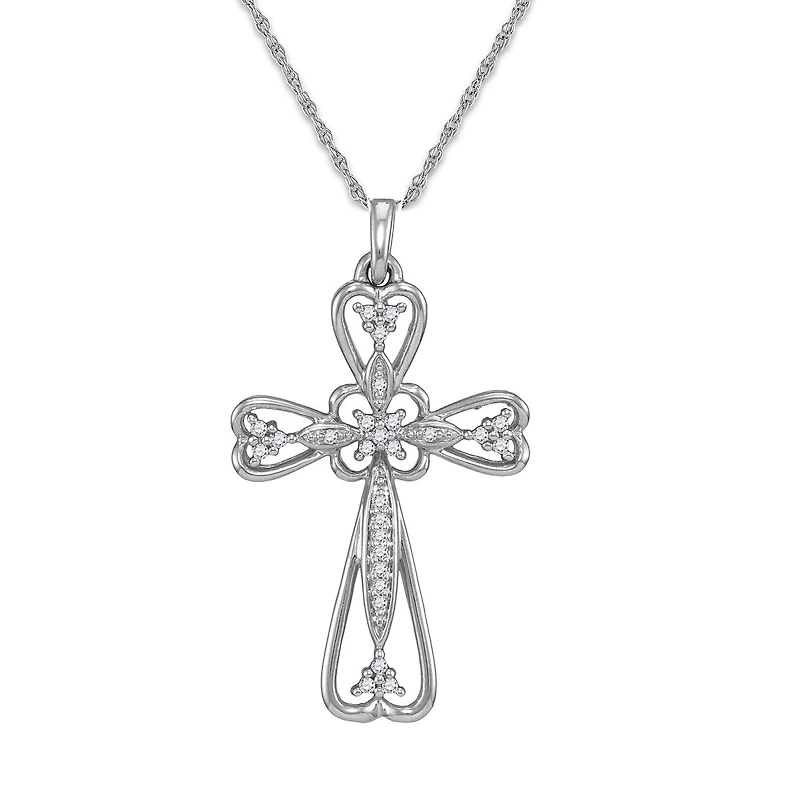 10KT White Gold 1/8 CTW Natural Diamond 18-inch Cross Pendant