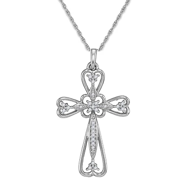 10KT White Gold 1/8 CTW Natural Diamond 18-inch Cross Pendant
