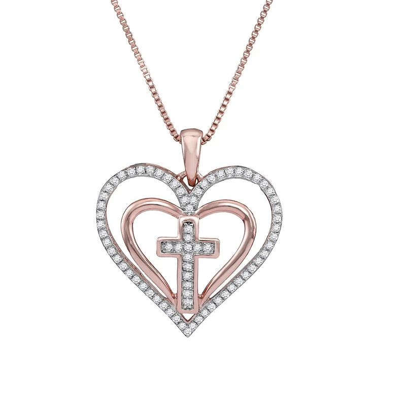 10KT Rose Gold 1/5 CTW Natural Diamond 18-inch Cross Heart Pendant