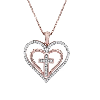 10KT Rose Gold 1/5 CTW Natural Diamond 18-inch Cross Heart Pendant
