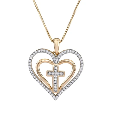 10KT Yellow Gold 1/5 CTW Natural Diamond 18-inch Cross Heart Pendant