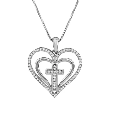10KT White Gold 1/5 CTW 18-inch Cross Heart Pendant