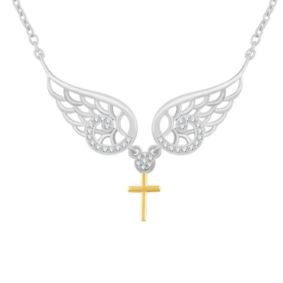 Sterling Silver 1/10 CTW Natural Diamond 18-inch Angel Cross Pendant
