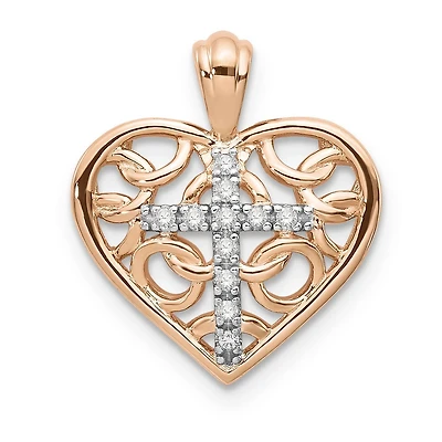 10KT Two-Tone White and Rose Gold Natural Diamond 18-inch Cross Heart Pendant