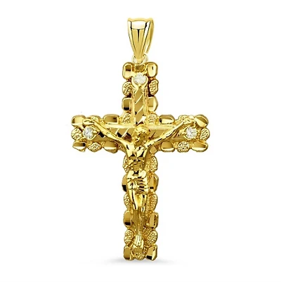 14KT Yellow Gold 42MM Nugget Crucifix Cross Pendant. Chain Not Included