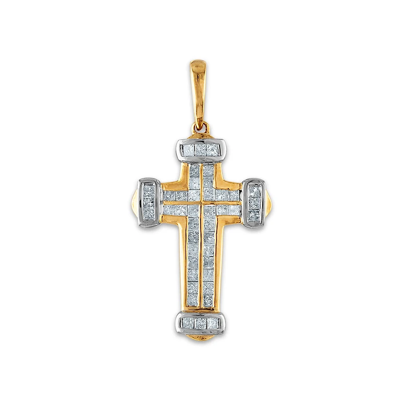 10KT White and Yellow Gold 1 CTW Natural Diamond 36X17MM Cross Pendant. Chain Not Included