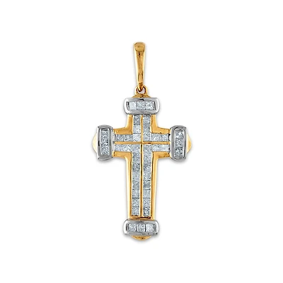 10KT White and Yellow Gold 1 CTW Natural Diamond 36X17MM Cross Pendant. Chain Not Included