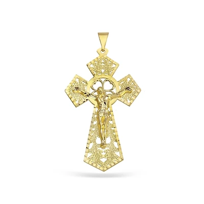 10KT Yellow Gold 92X48MM Filigree Crucifix Cross Pendant. Chain Not Included