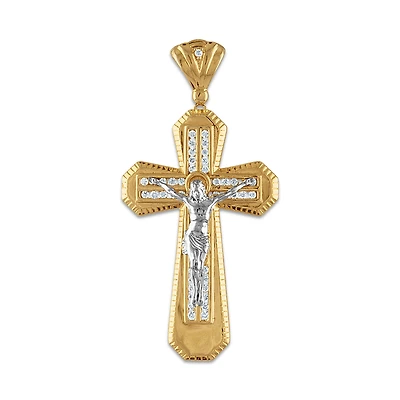 10KT White and Yellow Gold 1/2 CTW Natural Diamond 55X28MM Crucifix Cross Pendant. Chain not Included