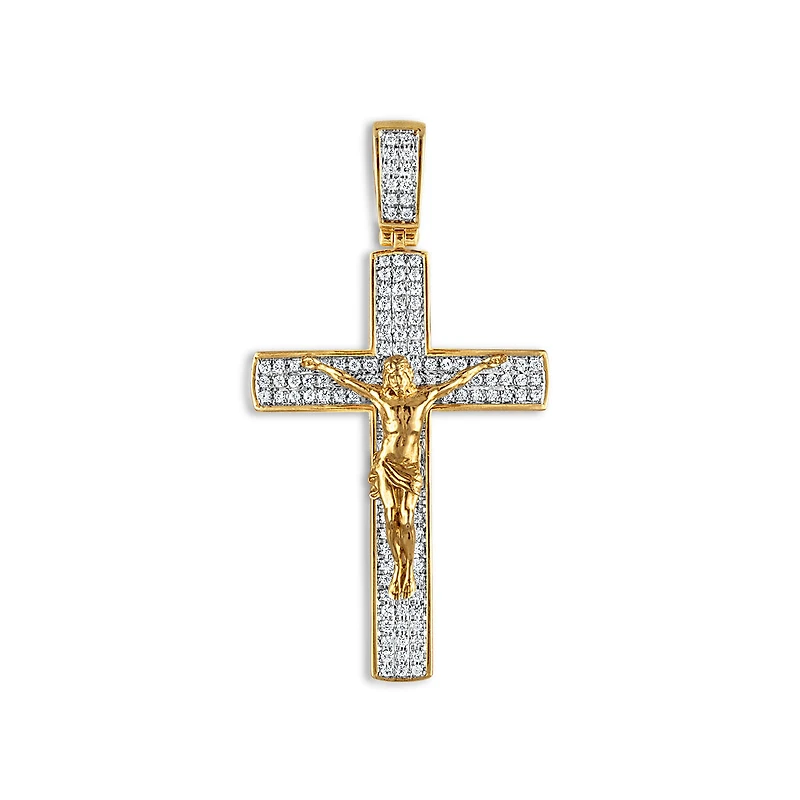 10KT Yellow Gold 3/4 CTW Round Natural Diamond 58X31MM Crucifix Cross Pendant. Chain Not Included