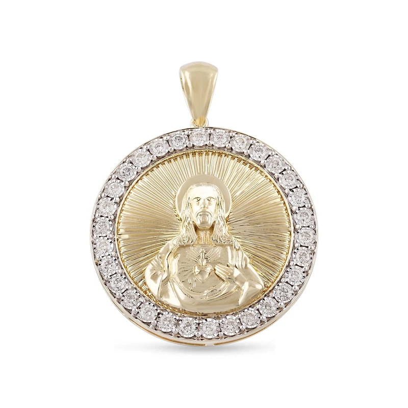 10KT White and Yellow Gold 1-1/4 CTW Round Natural Diamond 35MM Religious Sacred Heart of Jesus Pendant. Chain Not Included