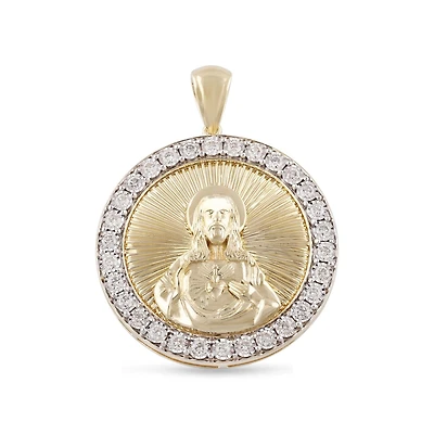 10KT White and Yellow Gold 1-1/4 CTW Round Natural Diamond 35MM Religious Sacred Heart of Jesus Pendant. Chain Not Included