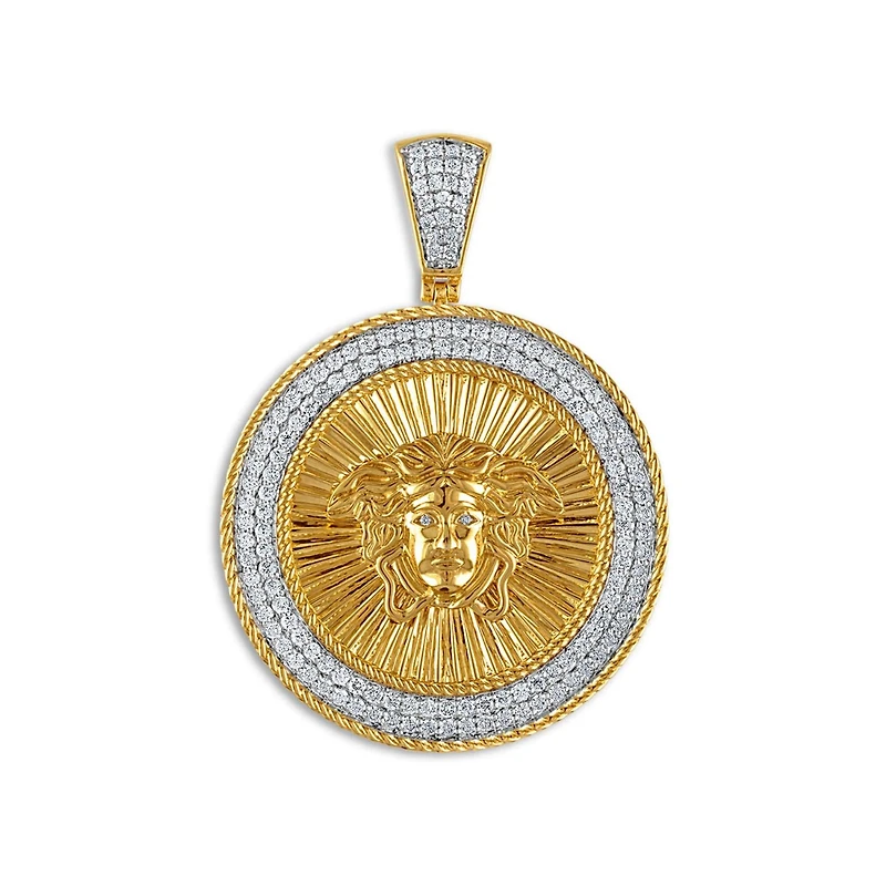 10KT Yellow Gold 1-1/2 CTW Round Natural Diamond 35MM Medal Pendant. Chain Not Included