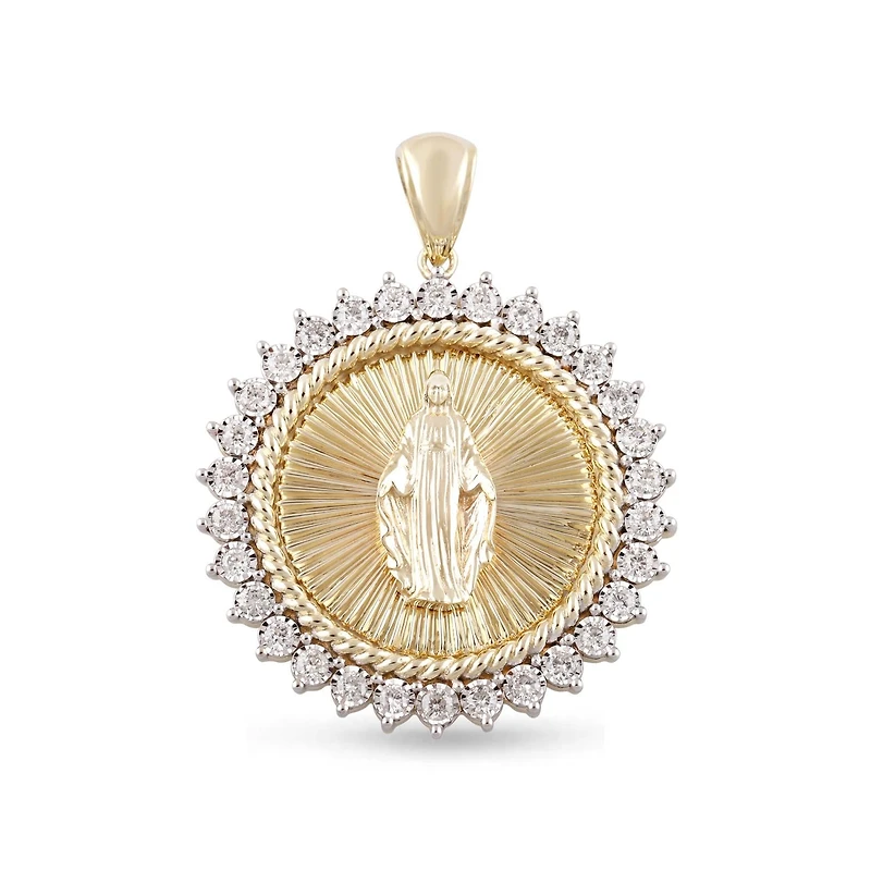 10KT Yellow Gold 1-1/4 CTW Round Natural Diamond 35MM Guadalupe Medal Pendant. Chain Not Included