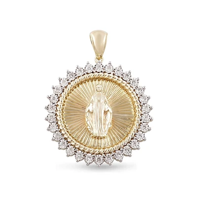 10KT Yellow Gold 1-1/4 CTW Round Natural Diamond 35MM Guadalupe Medal Pendant. Chain Not Included