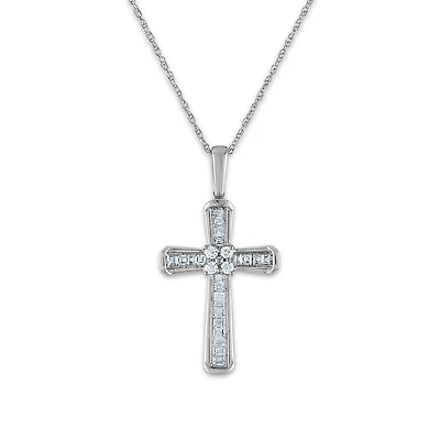 10KT White Gold 1/5 CTW Round Natural Diamond 26X14MM 18-inch Cross Pendant