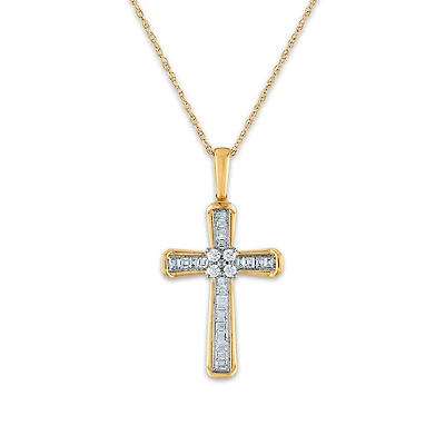 10KT White and Yellow Gold 1/5 CTW Round Natural Diamond 26X14MM 18-inch Cross Pendant