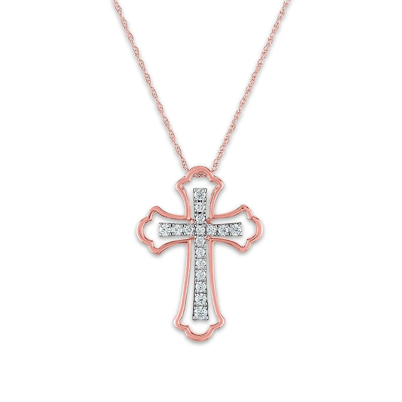 10KT White and Rose Gold 1/4 CTW Natural Diamond 24X17MM 18-inch Cross Pendant