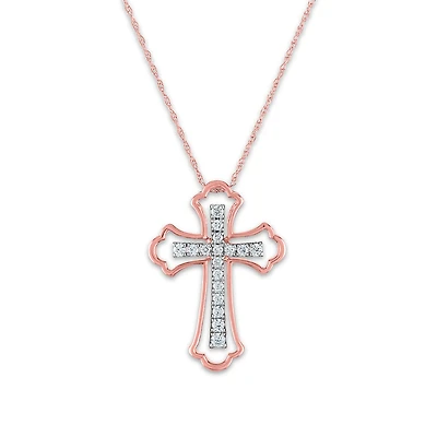 10KT White and Rose Gold 1/4 CTW Natural Diamond 24X17MM 18-inch Cross Pendant