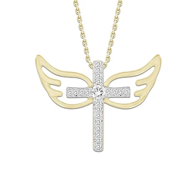10KT Yellow Gold 1/10 CTW Natural Diamond 15X20MM 18-inch Cross Angel Wings Pendant